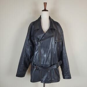 Vintage Boutique Europa Jacket 16 Black Leather Moto Biker Belted 80s 90s Zip